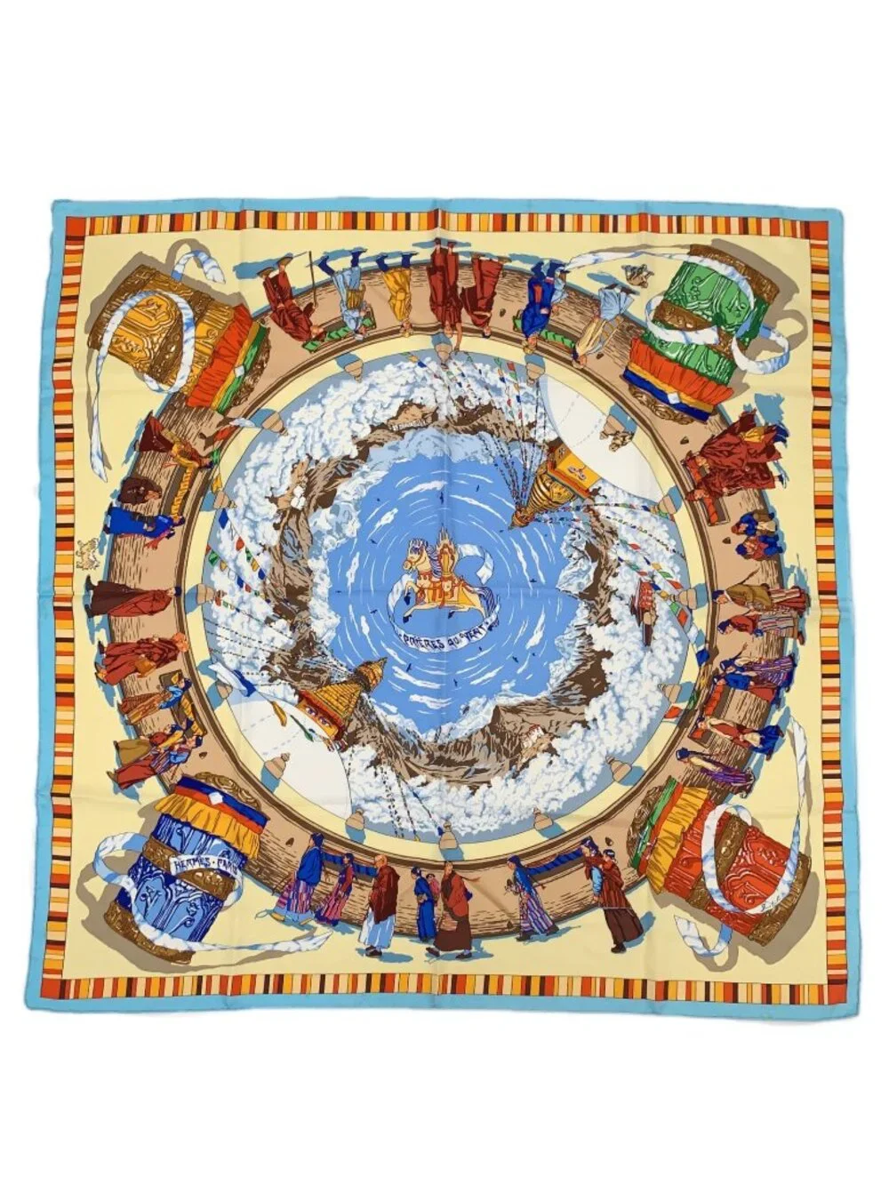 Hermes Carre 90 Prieres AU Vent Prayer In The Wind Blue Multicolor Scarf Silk